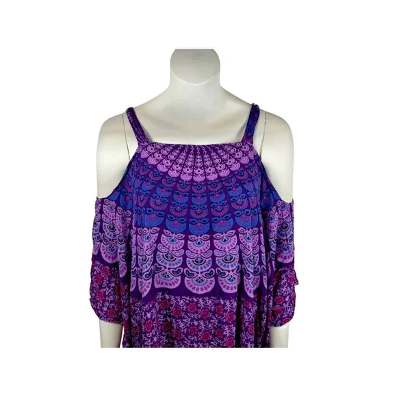 Womens 3XL Bohemian Paisley Print Cold Shoulder Fringed Poncho Tunic Top - Picture 4 of 6